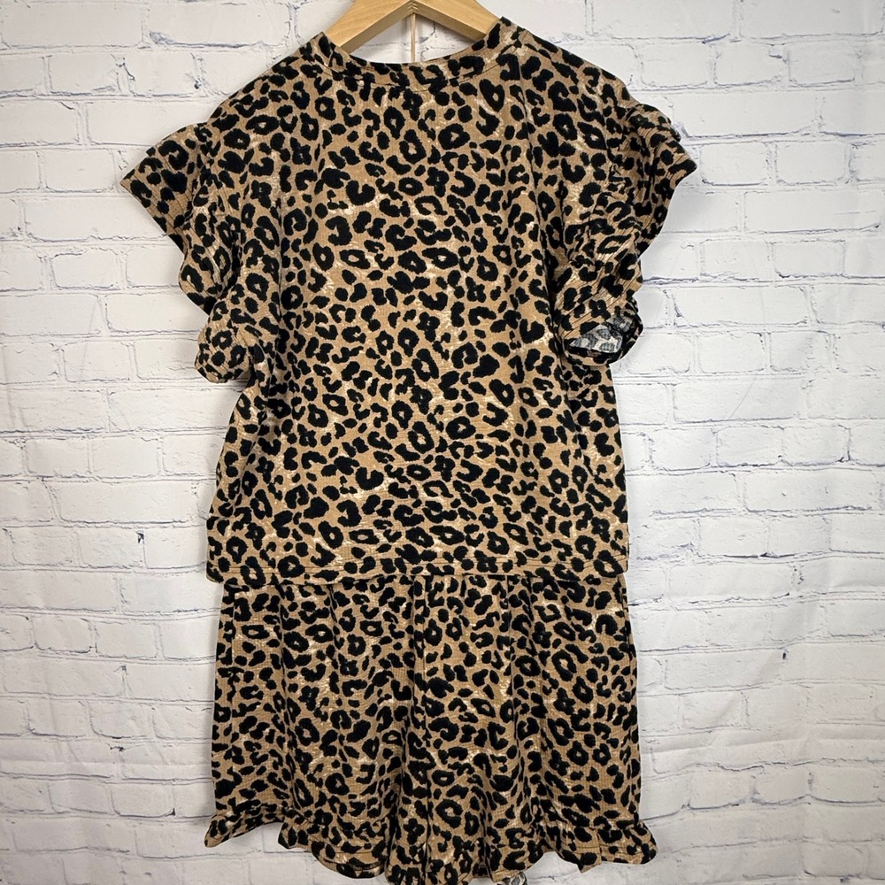 BiBi Leopard Print Ruffle Sleeve Top and Shorts Set XL IB1677-01 Animal Print
